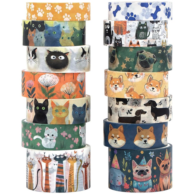 KOVANO Washi Tape Set 14 Rolls, Cute Animal Decorative Tape, Cats Puppies Pugs Designs Washi Tapes for Scrapbooking Supplies, Journaling Supplies, Crafts - Image 1